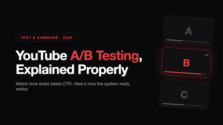 YouTube A/B testing Test and Compare: three thumbnail variants with variant B winning on watch time share