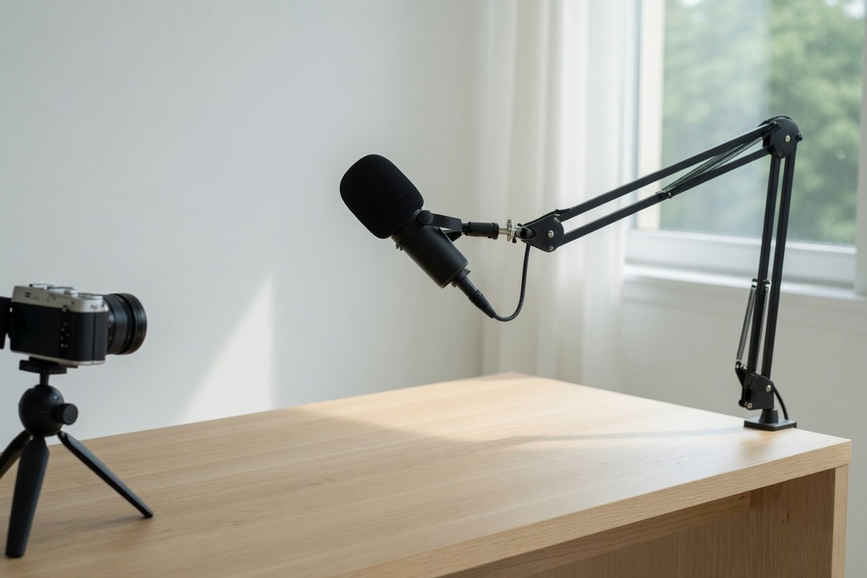 Close view of the microphone on the same desk.