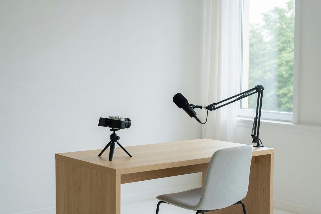 Straight-on view of the empty studio desk.